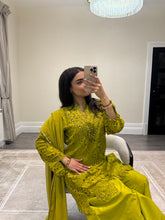 Load image into Gallery viewer, Croatia suit with embellishments and trouser. Chiffon duppata. South Asian party wear suits