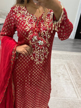 Load image into Gallery viewer, Red embroidered suit with foil work and mirror work embellishments with trouser and chiffon duppata