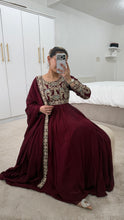 Load image into Gallery viewer, Chiffon frock style suit with sari draped duppata and hand embellishments and silk trouser. Eid collection. Party wear.