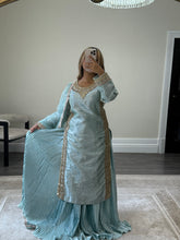 Load image into Gallery viewer, Sheesha silk suit with Gota work and embroidery and silk pleated lehenga and cotton net duppata. Party wear. Asian wedding suit.