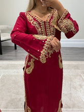 Load image into Gallery viewer, Beautiful handwork embroidered suit in red silk with cotton net duppata and trouser. Perfect wedding wear suit.