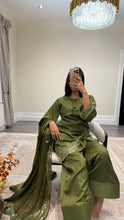 Load image into Gallery viewer, Vanya inspired silk embroidered suit with sequin embroidery and embellishments. Chiffon duppata. Eid and party wear.