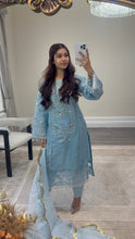 Load image into Gallery viewer, Ice blue Organza embellished suit with stonework. Organza duppata and silk trouser.