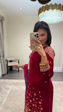 Load image into Gallery viewer, Sparkle red velvet embroidered suit with silk trouser and chiffon duppata