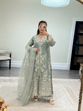 Load image into Gallery viewer, Light lilac / grey organza suit with embellishment and embroidery with duppata and trouser. Asian party wear suit.
