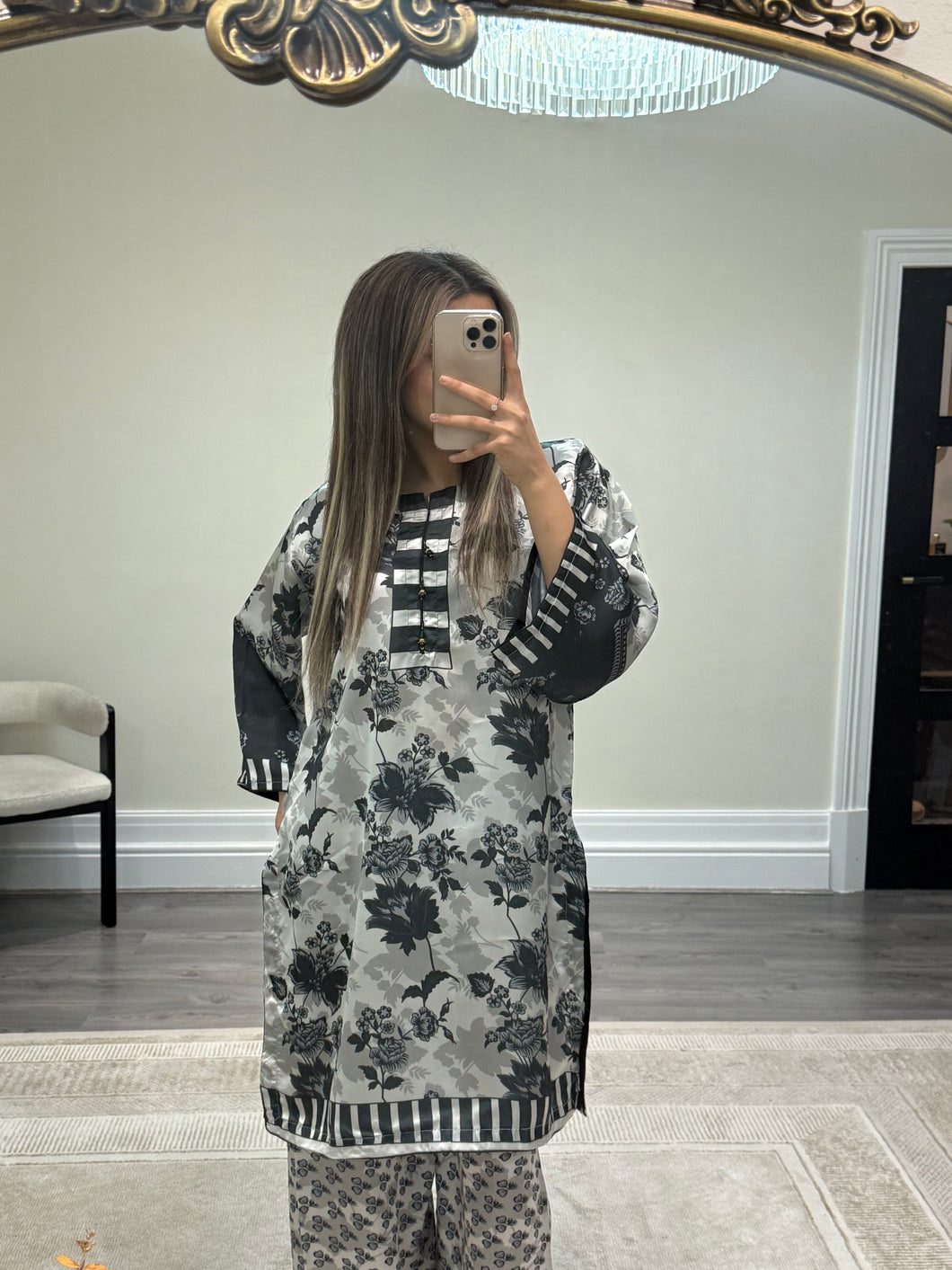 Stylish silk printed 2 piece coord set with printed shirt and trouser. One size fits all.