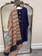 Load image into Gallery viewer, Dhanak 3 piece suit with pashmina shawl duppata Navy