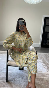 Poly cotton printed 2 piece coord with shirt and trouser.