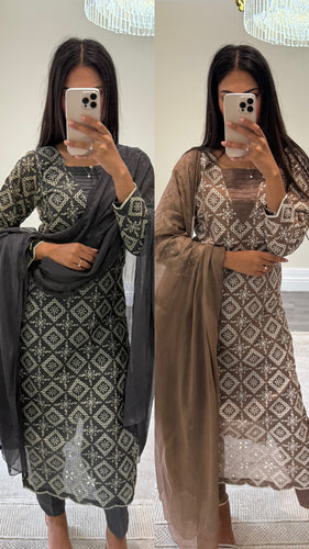 Diamond Chikankari 3 piece suit with crinkle duppata