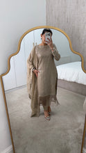 Load image into Gallery viewer, Sparkle Golden chiffon suit with embroidered chiffon duppata and trouser. Party wear. Eid collection.
