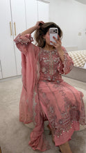 Load image into Gallery viewer, Light Pink Maria b inspired chiffon suit with embellishment and embroidery with chiffon duppata and trouser. Asian party wear suit.