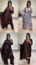 Load image into Gallery viewer, Winter printed dhanak suits with lace details and cheddar duppata. Shirt with trouser and duppata winter prints Asian casual suit (immediate dispatch)