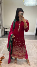 Load image into Gallery viewer, Sparkle red velvet embroidered suit with silk trouser and chiffon duppata