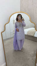 Load image into Gallery viewer, Lilac hand embroidered raw silk 3 piece suit with wide leg trouser Eid collection party wear