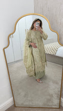Load image into Gallery viewer, Olive / Teal/ white baroque inspired organza suit with embellishment and embroidery with organza duppata and trouser. Asian party wear suit.
