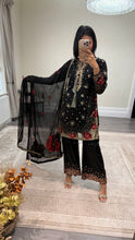 Load image into Gallery viewer, Black/ white chiffon embroidered suit with sequin embroidery and embellishments. Chiffon duppata. Eid and party wear.