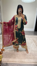 Load image into Gallery viewer, silk green floral embroidered 3 piece suit with khadi net duppata