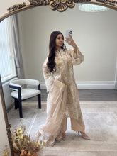 Load image into Gallery viewer, Qalamkar inspired khadi net suit with embroidered khadi net duppata and lawn embroidered trouser