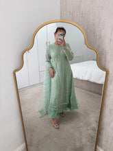 Load image into Gallery viewer, Cutdana Green suit with embroidered cotton net duppata and trouser. Party wear. Eid collection.