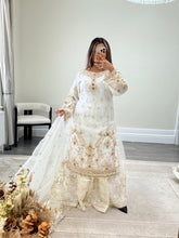 Load image into Gallery viewer, Elegant white beauty diamonte 3 piece suit with organza duppata and sharara