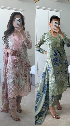 Maria B inspired pale coloured suit with embroidery and chiffon duppata.
