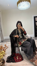Load image into Gallery viewer, Black/ white chiffon embroidered suit with sequin embroidery and embellishments. Chiffon duppata. Eid and party wear.
