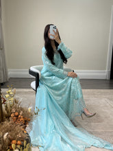 Load image into Gallery viewer, Cutdana grey/blue suit with embroidered cotton net duppata and trouser. Party wear. Eid collection.