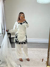 Load image into Gallery viewer, Cream and black embroidered cotton silk suit with shalwar and organza duppata with embroidery.