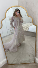 Load image into Gallery viewer, Light lilac / grey organza suit with embellishment and embroidery with duppata and trouser. Asian party wear suit.