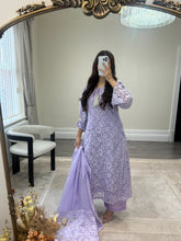 Load image into Gallery viewer, Lilac Lace net pearl embellished suit with trouser with chiffon duppata.