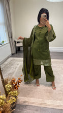 Load image into Gallery viewer, Vanya inspired silk embroidered suit with sequin embroidery and embellishments. Chiffon duppata. Eid and party wear.