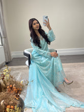 Load image into Gallery viewer, Cutdana grey/blue suit with embroidered cotton net duppata and trouser. Party wear. Eid collection.