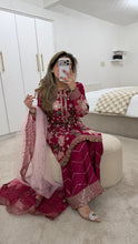 Load image into Gallery viewer, Jazmin inspired chiffon embroidered suit with chiffon duppata and wide leg embroidered trouser