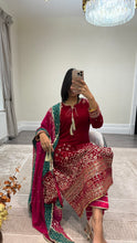 Load image into Gallery viewer, Sparkle red velvet embroidered suit with silk trouser and chiffon duppata