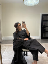 Load image into Gallery viewer, Crochet sleeve shirt with farshi shalwar and silk duppata with pearl finishing throughout