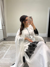 Load image into Gallery viewer, black and white embroidered raw silk suit with silk plazzo and chiffon duppata party wear suit