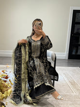 Load image into Gallery viewer, Velvet embroidered 3 piece suit. With organza and wide leg trouser.Pakistani Indian shalwar kameez.