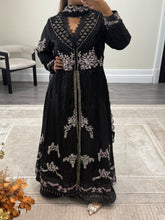 Load image into Gallery viewer, Maria b inspired black chiffon frock with embroidered and rhinestone detailing with trouser and chiffon duppata