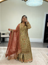 Load image into Gallery viewer, DEFECTIVE Baroque inspired golden chiffon embroidered suit with sharara with chiffon duppata. (Copy)