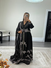 Load image into Gallery viewer, Maria b inspired black chiffon frock with embroidered and rhinestone detailing with trouser and chiffon duppata