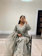 Load image into Gallery viewer, Light lilac / grey organza suit with embellishment and embroidery with duppata and trouser. Asian party wear suit.
