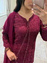 Load image into Gallery viewer, Croatia suit with embellishments and trouser. Chiffon duppata. South Asian party wear suits
