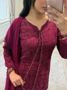 Croatia suit with embellishments and trouser. Chiffon duppata. South Asian party wear suits
