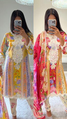 Maria B inspired embroidered lawn suit colourful print with chiffon duppata