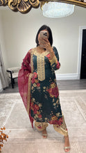 Load image into Gallery viewer, silk green floral embroidered 3 piece suit with khadi net duppata