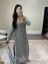 Load image into Gallery viewer, Cutdana grey/blue suit with embroidered cotton net duppata and trouser. Party wear. Eid collection.
