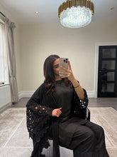 Load image into Gallery viewer, Crochet sleeve shirt with farshi shalwar and silk duppata with pearl finishing throughout