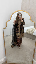 Load image into Gallery viewer, Black Organza embellished 3 piece suit with wide leg silk trouser Eid collection party wear