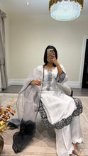 Load image into Gallery viewer, Raw silk black and white hand embroidered 3 piece suit with organza duppata