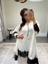 Load image into Gallery viewer, black and white embroidered raw silk suit with silk plazzo and chiffon duppata party wear suit